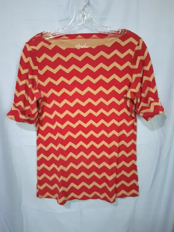 Kim Rogers Womans Red & Tan Flirty Chevron Style Blouse with Boat Neck