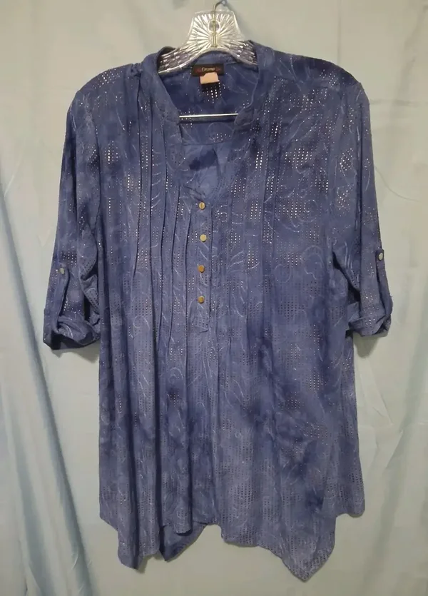 Womans Cocomo Blue Large Blouse with Speckled Metal Fabric Mandarin Collar