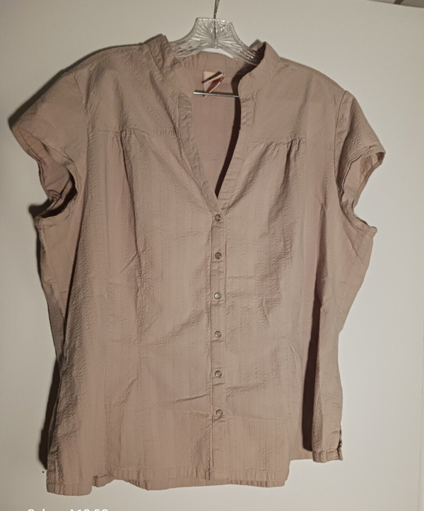 Faded Glory Womans Tan Mandarin Collar Shirt Snap Front Smock Shirt Size 18w/20w Stretch