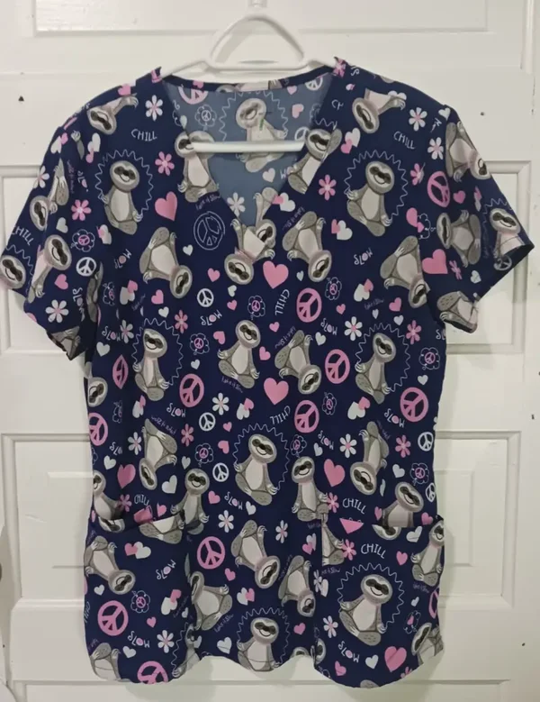 Womans Large Peace Sloth Blue V-Neck Scrub Top by GT Performance