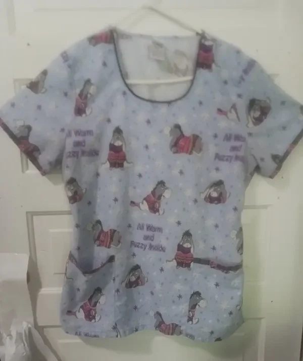 Disney Eeyore Winter Womans Large Scoop Neck Fitted Scrub Top