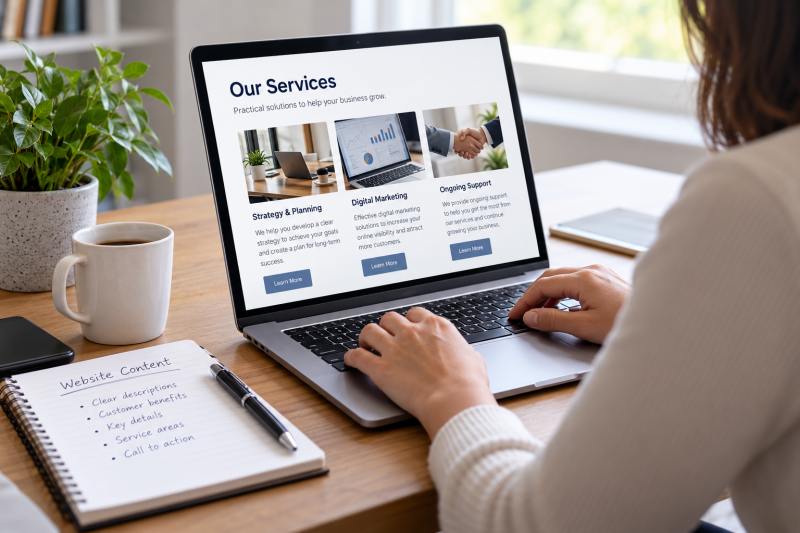 Small-business owner examining search results and business listings on a laptop.