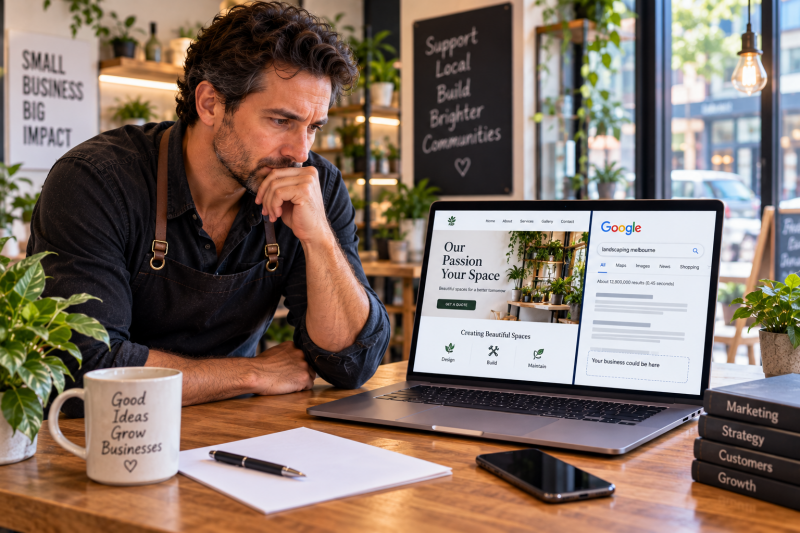 Melbourne small-business owner reviewing why their website is not appearing prominently in Google search results