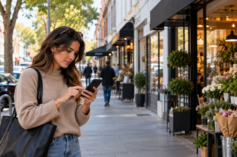 Customer searching for nearby Melbourne businesses on a smartphone, illustrating competition for visibility in Google Maps.