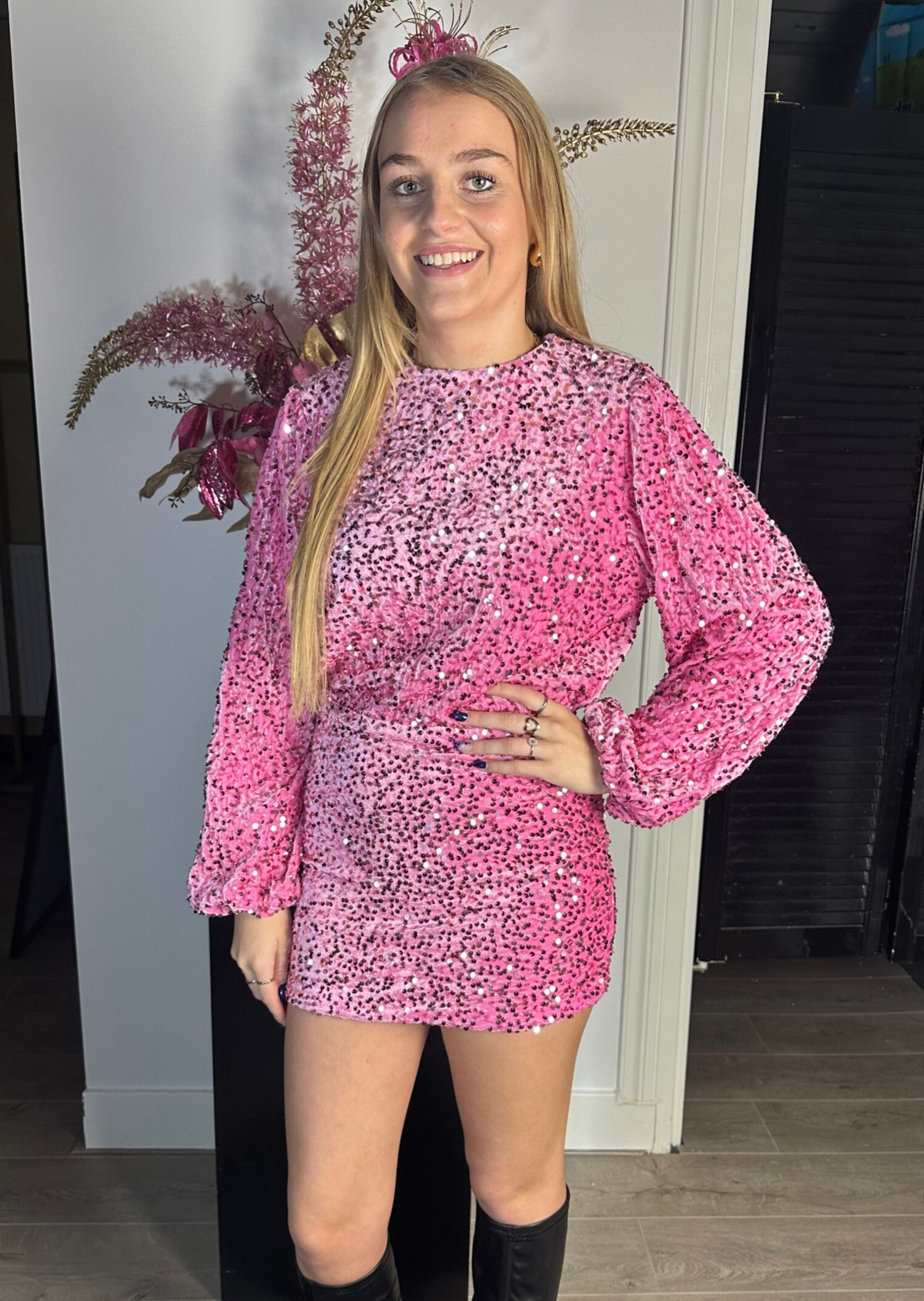 Jurk floor glitter roze