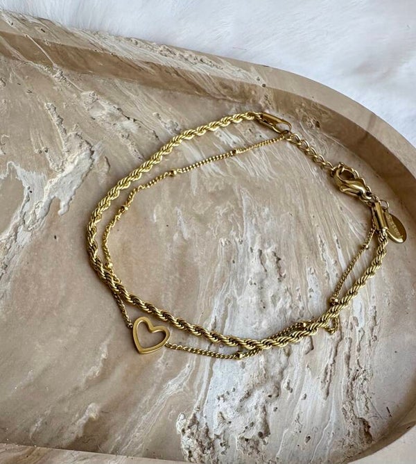 Armband dubbel hart goud