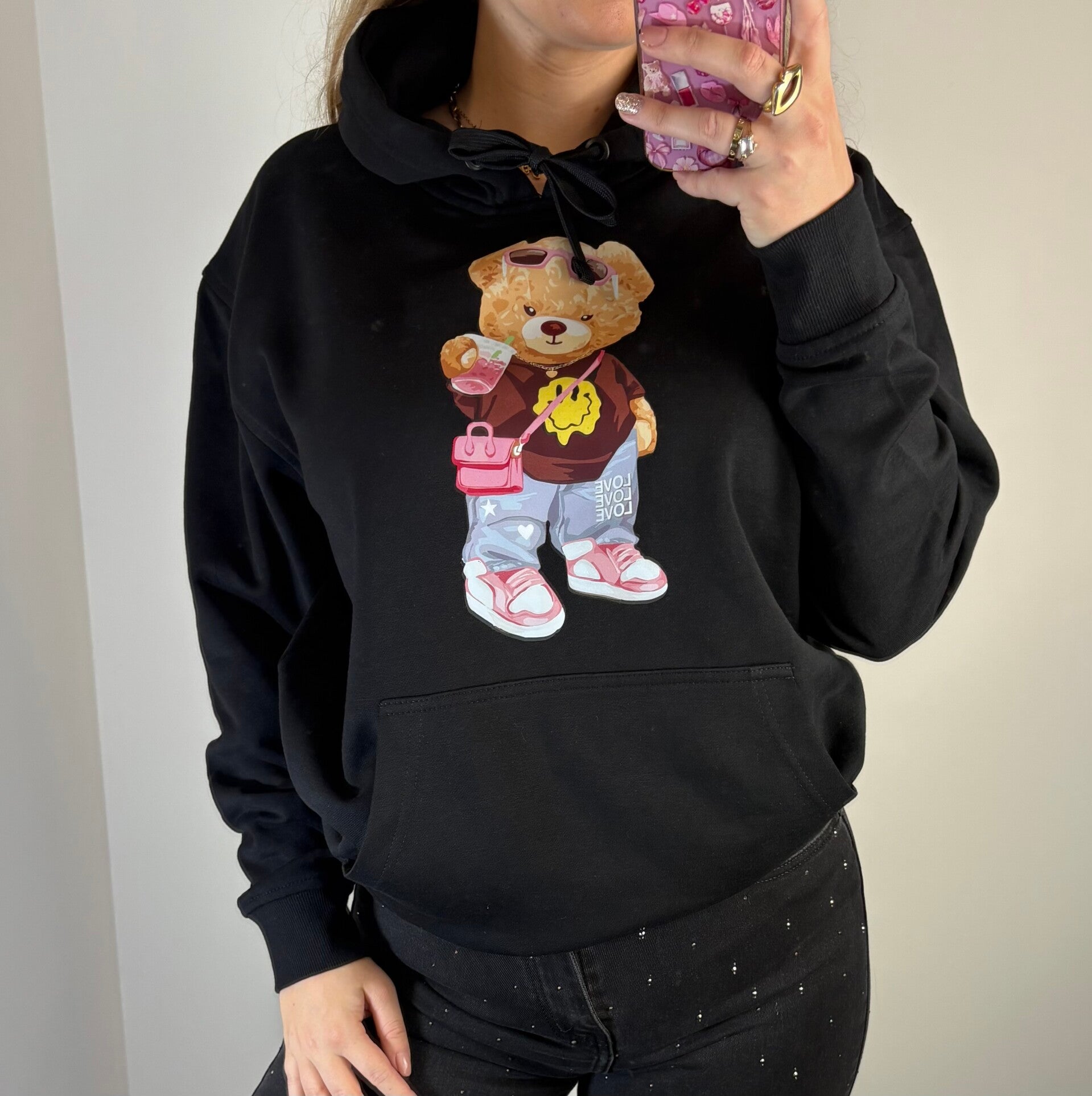 Hoodie beer smiley zwart