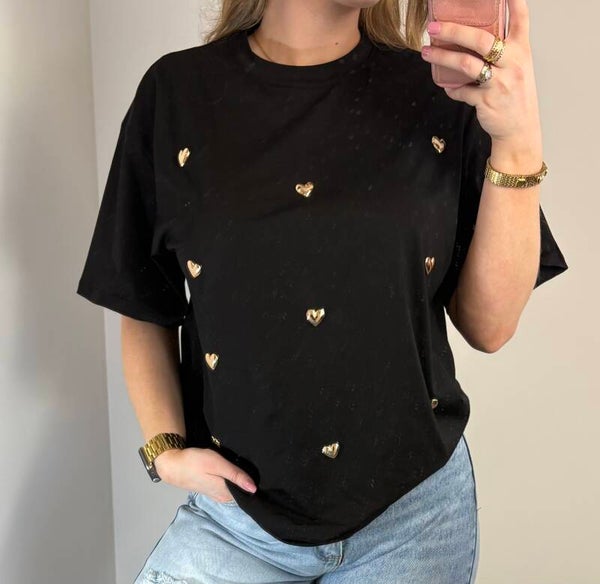 T-shirt zwart hartjes goud