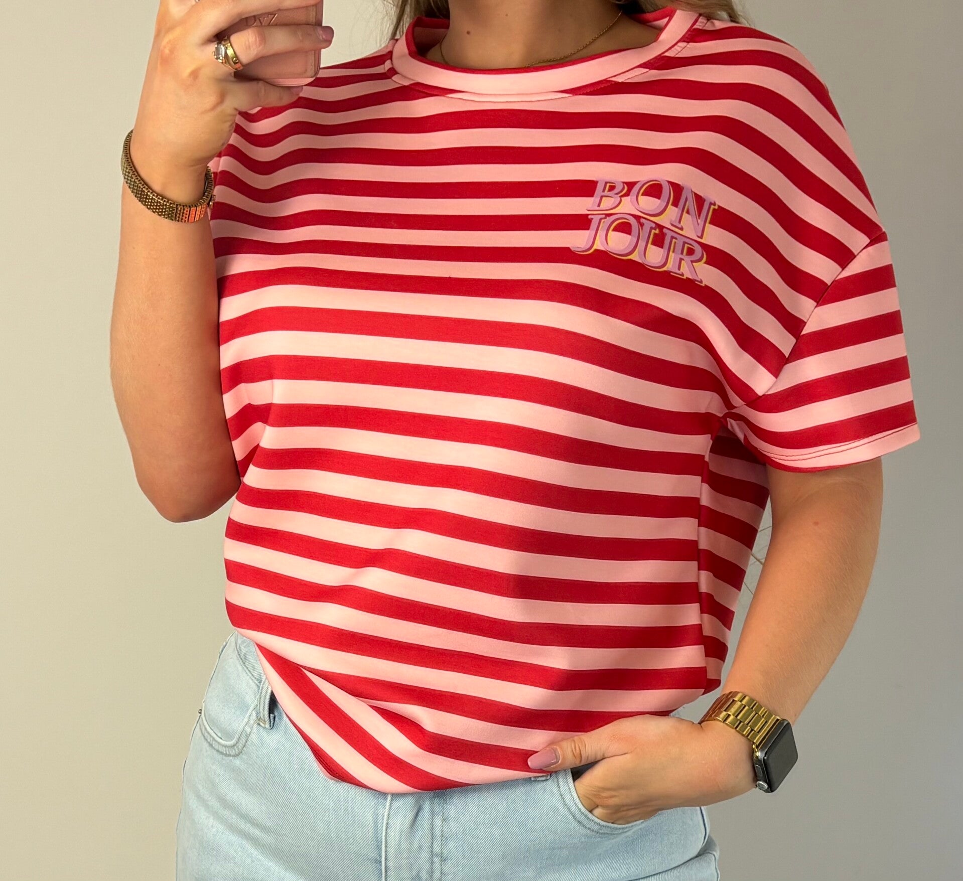 T-shirt strepen roze rood