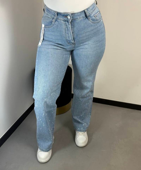 Jeans straight leg lichtblauw diamandjes