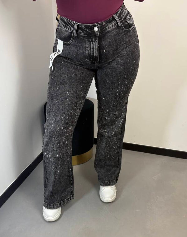 Jeans wide leg zwart grijs diamandjes