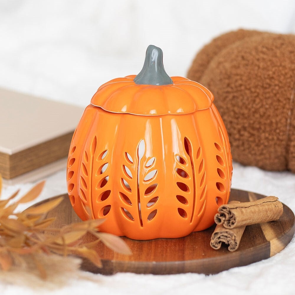 Brûle-parfum et chauffe-cire « citrouille d'automne » avec découpe de feuille orange