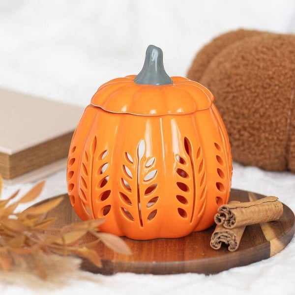 Brûle-parfum et chauffe-cire « citrouille d'automne » avec découpe de feuille orange