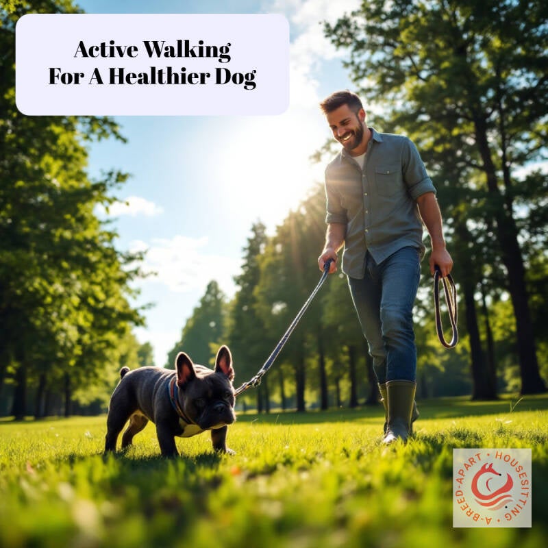 Man activley walking a french bull dog in the park