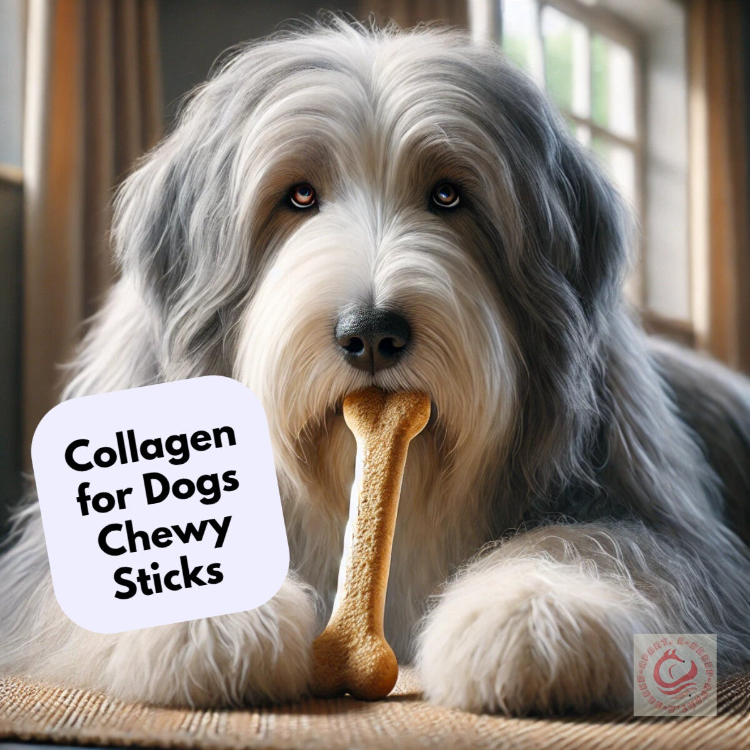 English sheepdog chewing collagen stick