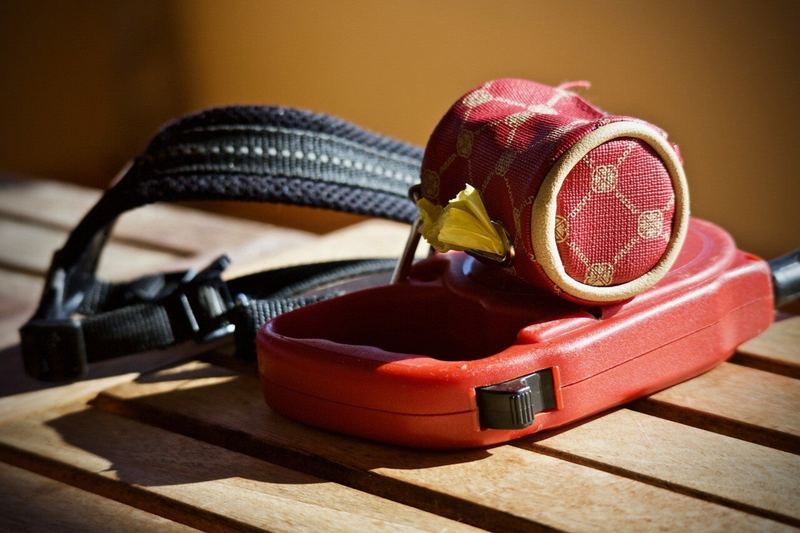 Red retractable leash and red nylon poo bag holder