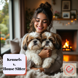 House sitter cuddles two shi tzu dogs