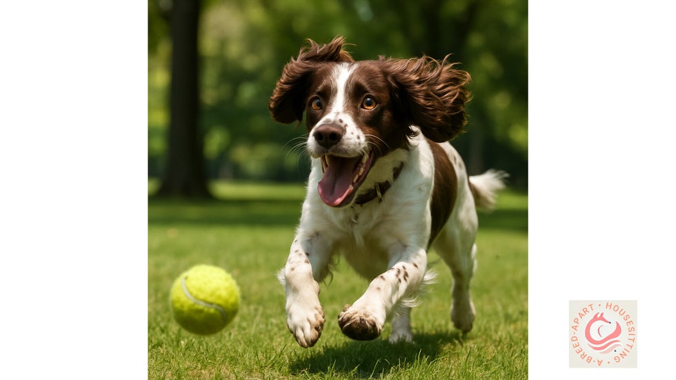 Springer Spaniel chasing a tennis ball