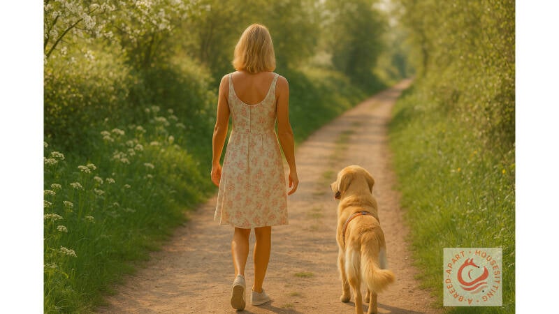 Golden retriever walking beside a woman on a Wiltshire bridle path