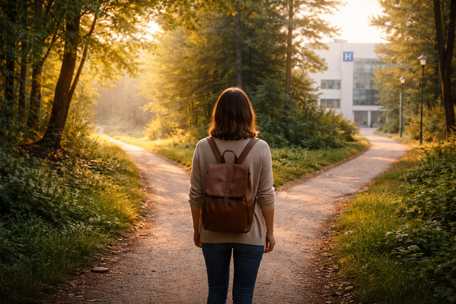 Person steht an einer Weggabelung als Symbol für Coaching, Selbstführung und Entscheidungsfindung im Umgang mit Stress und innerer Unruhe