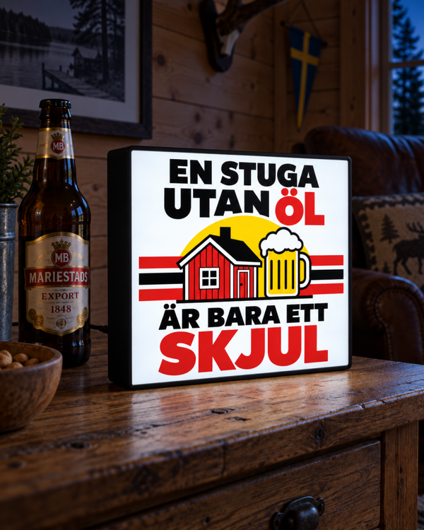 Zweedse Stuga Lightbox | En Stuga Utan Öl | Mancave LED bord | Bar decoratie