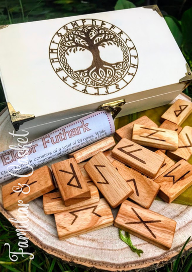 Elder Futhark Handcrafted English Ash Rune Set with Yggdrasil Design Box