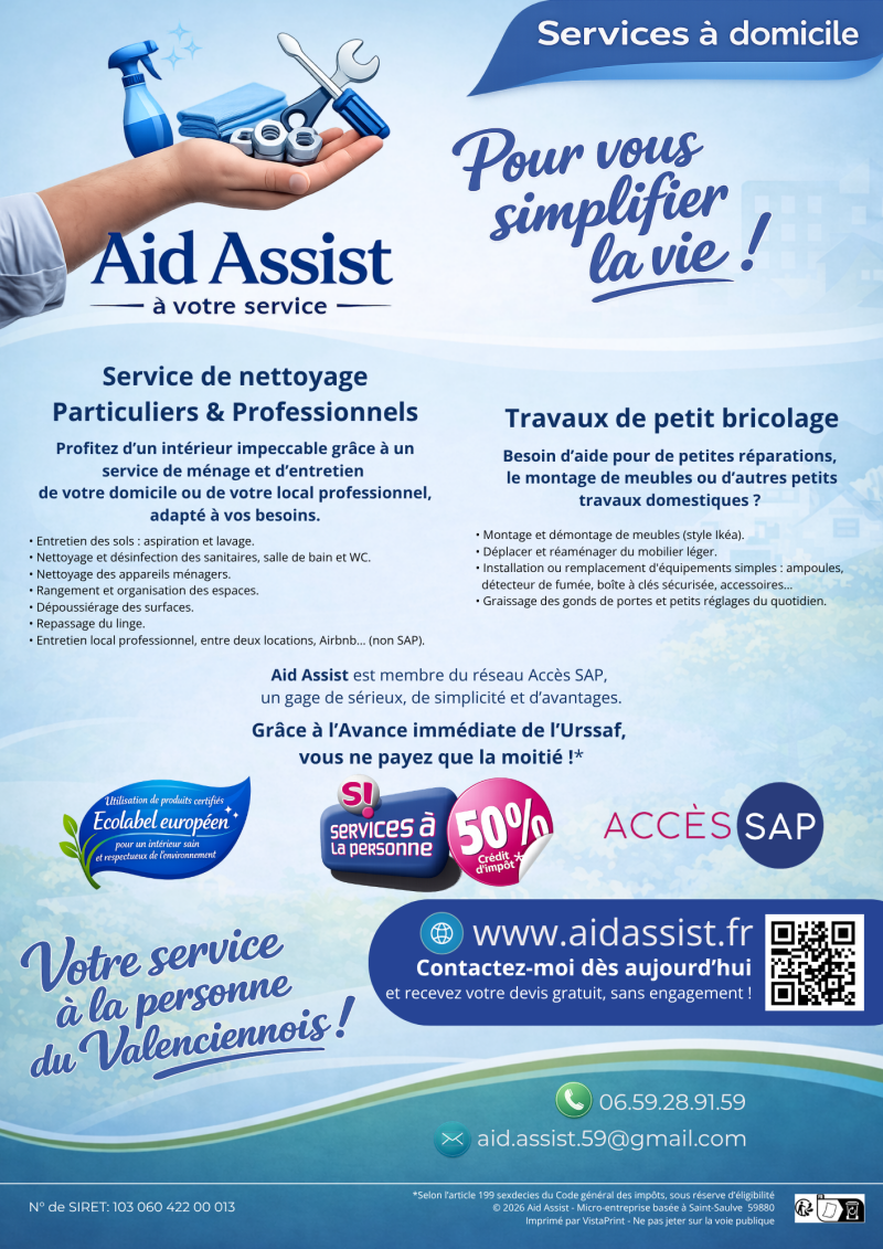 Aid Assist Flyer pub V02  Ménage Nettoyage Valenciennes, Saint-Saulve, Service à la personne, SAP
