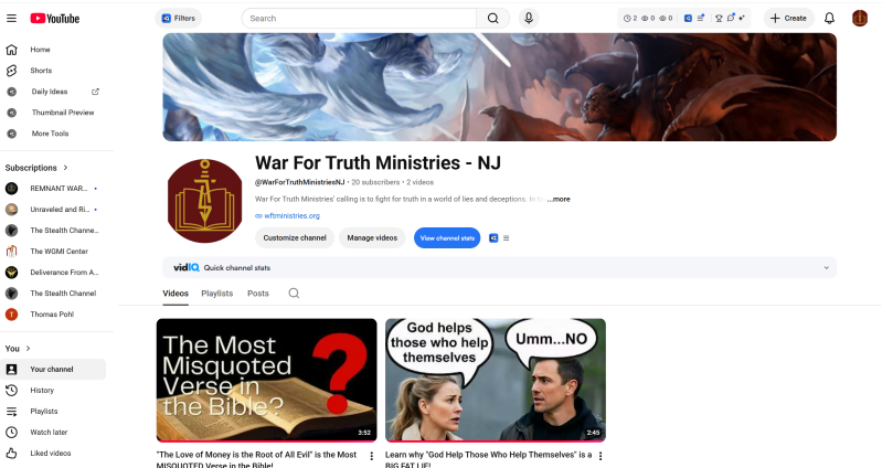 SCreenshot of War For Truth Minitries' YouTube Channel