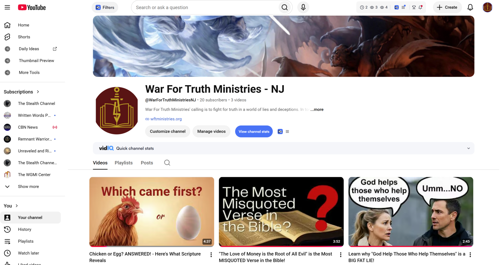 SCreenshot of War For Truth Minitries' YouTube Channel