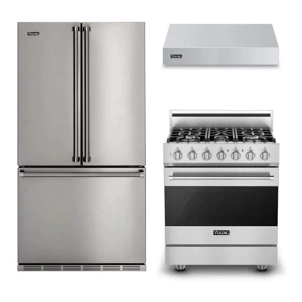 Viking 3-Piece 3-Series Kitchen Package with RVDR33025BSS 30-in Dual Fuel Range, RVFFR336SS 36-in French Door Refrigerator, VWH3010SS 30-in Hood