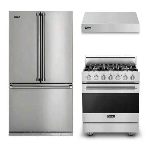 Viking 3-Piece 3-Series Kitchen Package with RVDR33025BSS 30-in Dual Fuel Range, RVFFR336SS 36-in French Door Refrigerator, VWH3010SS 30-in Hood