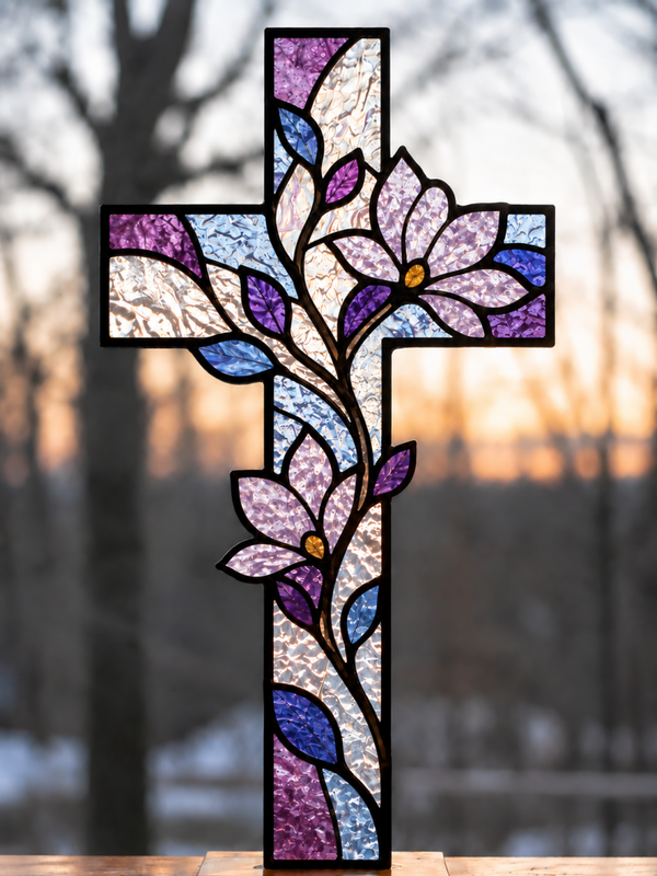 Handcrafted Floral Stained Glass Cross