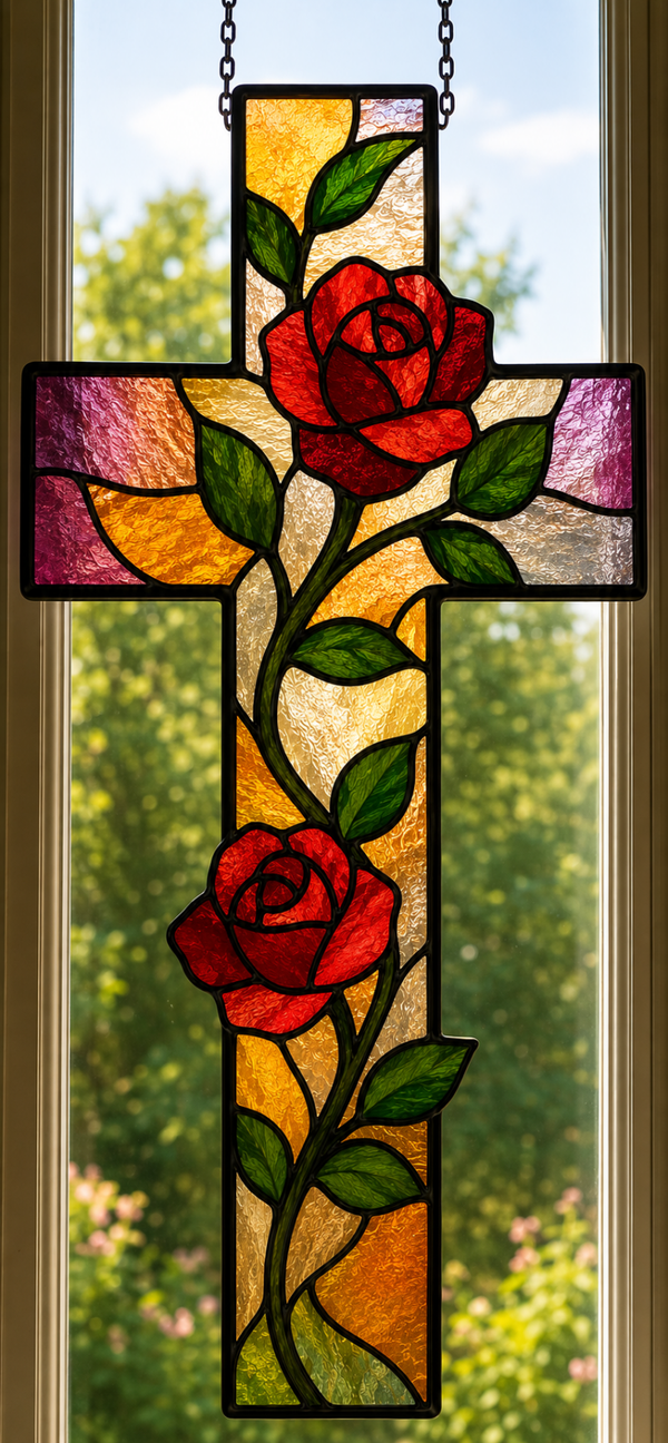 Handcrafted Rose Vine Stained Glass Cross