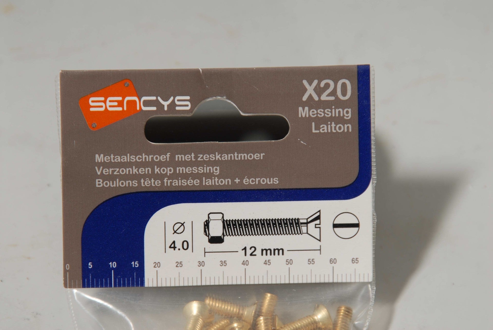Messing metaalschroef met moer, M4 x 12mm