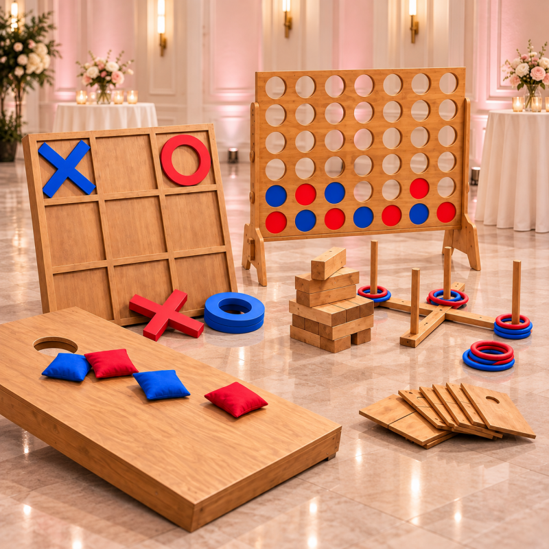 Super 6 giant wooden games hire in London with red and blue game pieces