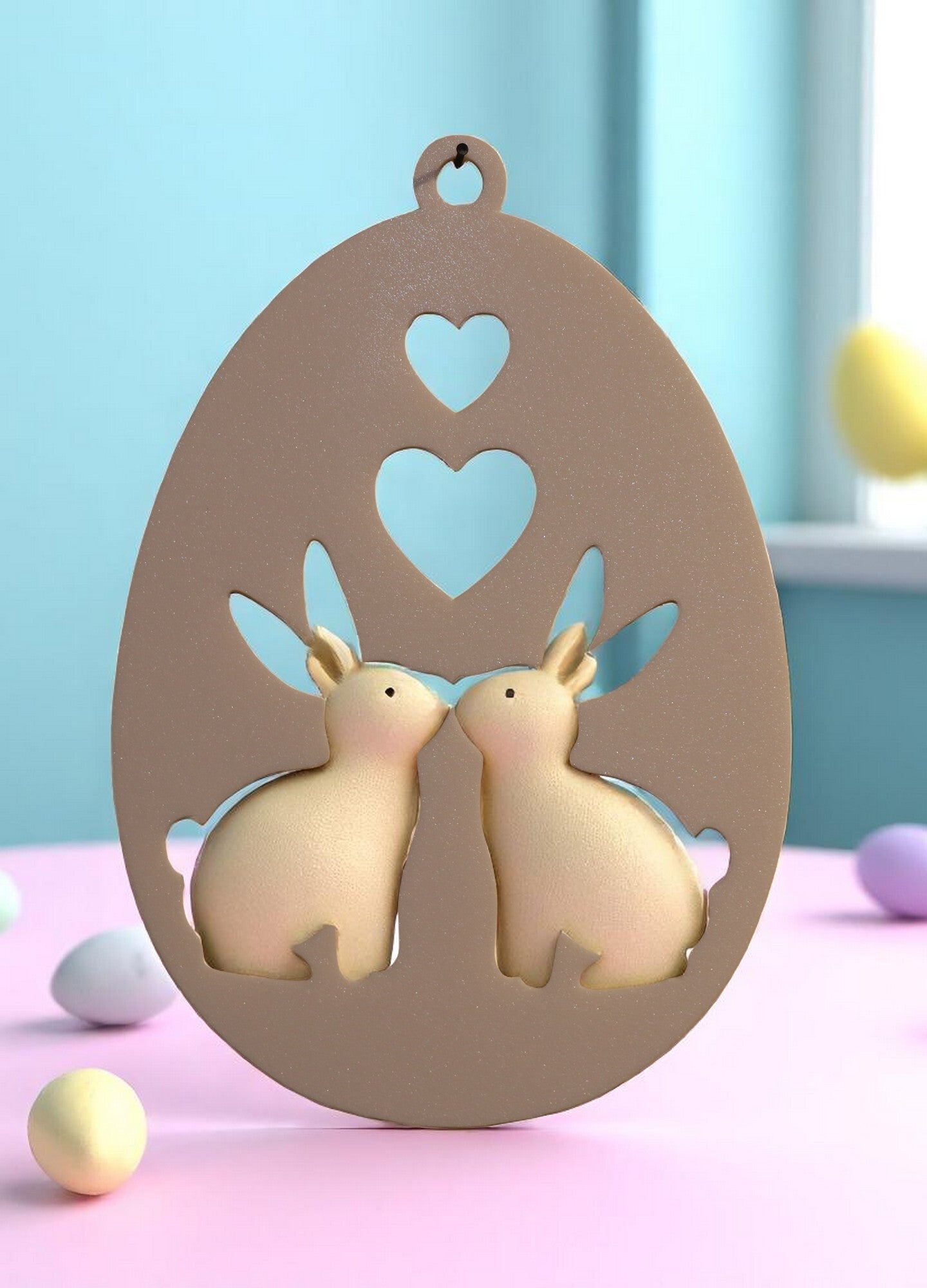 Fensterbild Osterdesign - Großes Ei mit zwei Hasen und Herzen