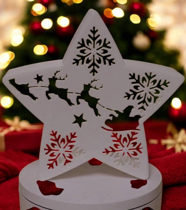 Teelichthalter Sternform im Weihnachtsdesign - Schneeflocken-Schlitten-Rentiere