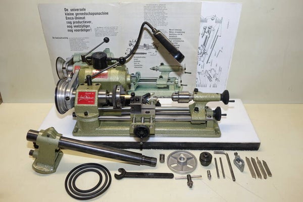 z.g.a.n Emco Unimat draaibank met lamp extra riemen en tools