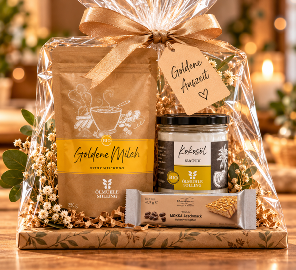 Goldene Auszeit – Genuss-Geschenkset mit Goldener Milch, Kokosöl & Proteinwaffel