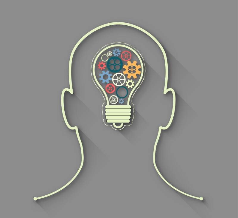 Silhouette eines Kopfes mit einer Glühbirne, gefüllt mit Zahnrädern in verschiedenen Farben. Der Kopf ist in einem hellen, minimalistischen Stil gezeichnet , Kontext MediumSciences - Institut.