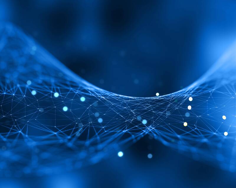 Abstrakter blauer Hintergrund mit einem Netzwerk aus Linien und Punkten, die eine wellenartige Struktur bilden, Kontext MediumSciences - Institut.