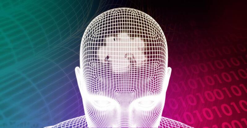 Drahtgittermodell eines Kopfes mit sichtbarem Gehirn, umgeben von binären Zahlen und einem farbverlaufenden Hintergrund in Blau und Rot, Kontext MediumSciences - Institut.
