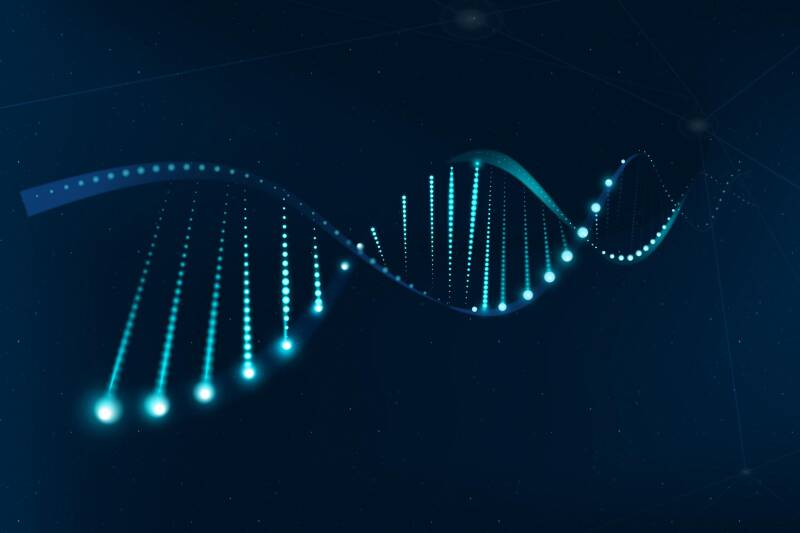 Grafik einer DNA-Doppelhelix mit leuchtenden blauen Punkten, die die Struktur darstellen. Der Hintergrund ist dunkel, Kontext MediumSciences - Institut.