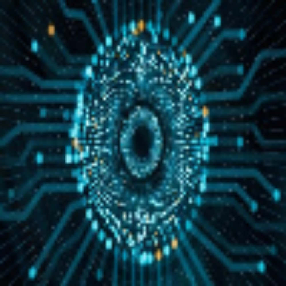 Unscharfe Darstellung eines digitalen Fingerabdrucks mit leuchtenden blauen und orangefarbenen Linien auf dunklem Hintergrund, im Kontext mit MediumSciences - Institut.