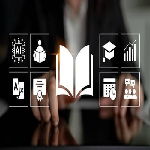 Offenes Buch-Symbol in der Mitte, umgeben von acht quadratischen Symbolen mit weißen Linien auf dunklem Hintergrund, darunter KI-Chip, Person mit Buch, Sprachübersetzung, Zertifikat, Akademikerhut, Balkendiagramm, Kalender mit Uhr und Gruppe von Personen,
