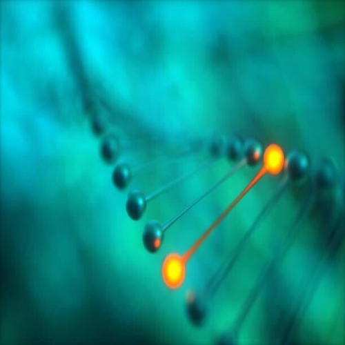 Grafik einer DNA-Doppelhelix mit leuchtenden blauen Punkten, die die Struktur darstellen. Der Hintergrund ist dunkel, Kontext MediumSciences - Institut.