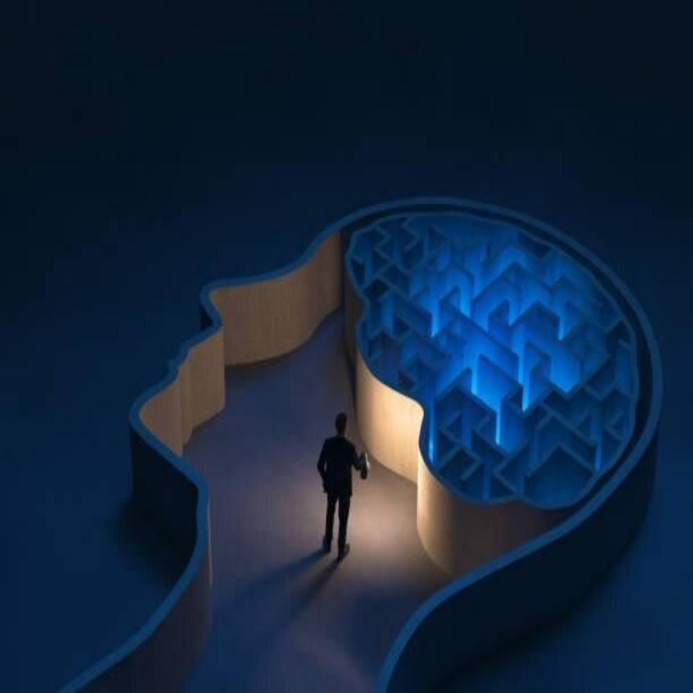 Mann steht mit Taschenlampe vor einem labyrinthartigen Gehirnmodell in Kopf-Silhouette, im Kontext mit MediumSciences - Institut.