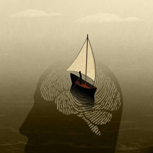 Segelboot auf Wasserfläche, die als Fingerabdruck in Form eines menschlichen Kopfprofils gestaltet ist, im Kontext mit MediumSciences - Institut.
