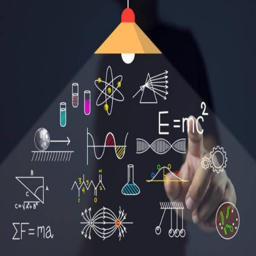 Hand zeigt auf unter einer Lampe schwebende farbige wissenschaftliche Symbole und Formeln wie E=mc², DNA-Doppelhelix, chemische Reagenzgläser, Atommodell und physikalische Diagramme, im Kontext mit MediumSciences - Institut.