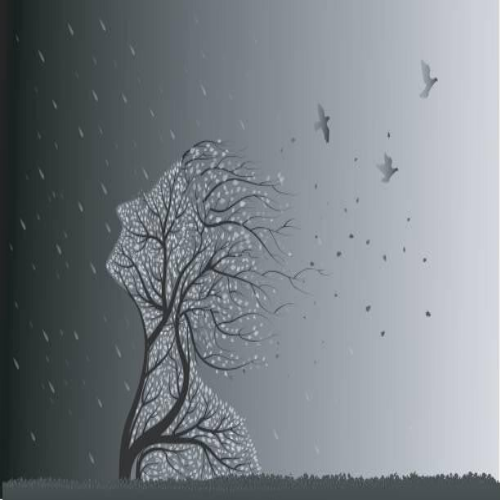 Schwarz-weiße Illustration eines Baums mit kahlen Ästen, die sich im Wind nach rechts biegen, und mehreren fliegenden Vögeln im Hintergrund, im Kontext mit MediumSciences - Institut.